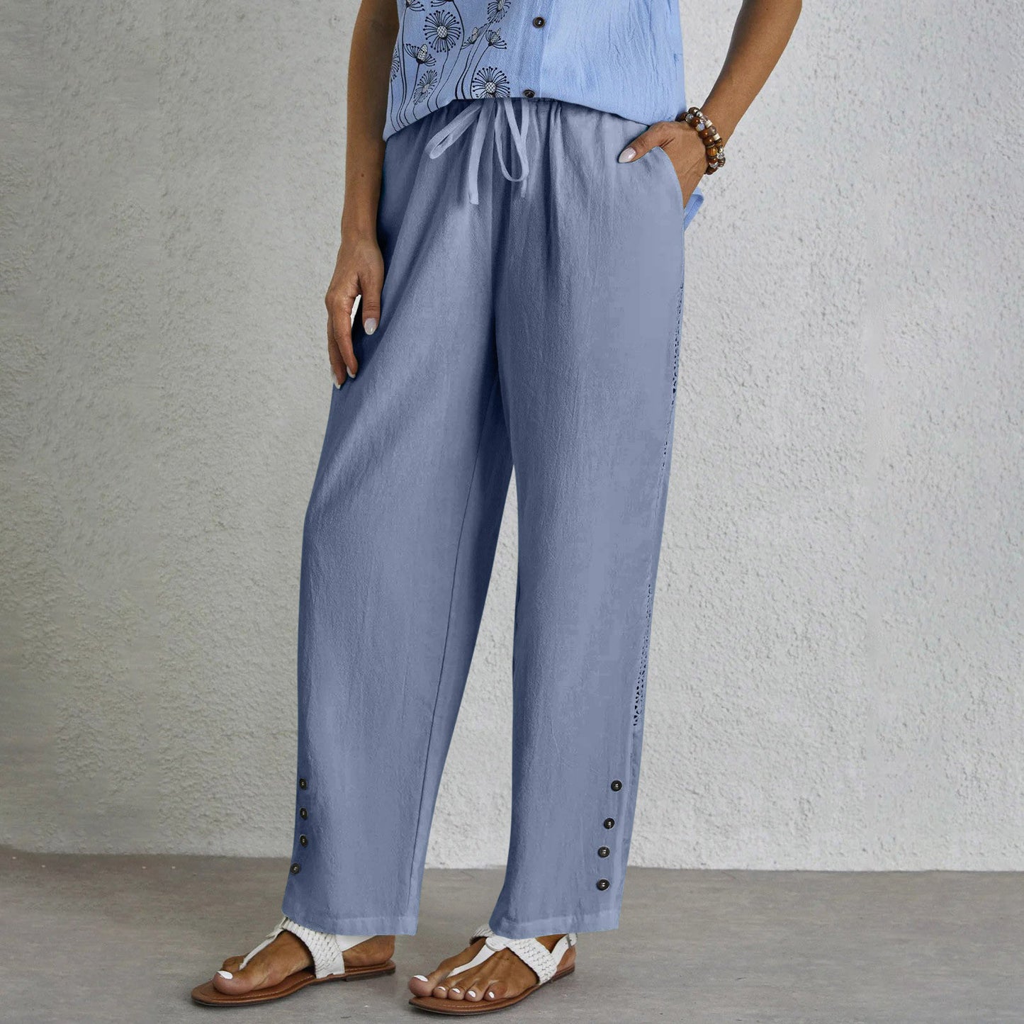 Women's Cotton Linen Drawstring Pocket Lace Button Pants