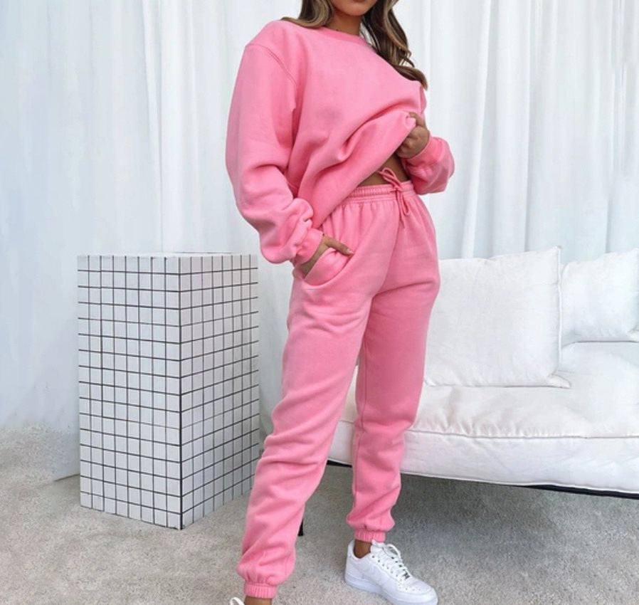 Women's Solid Color Round Neck Long-sleeved Pullover Trousers Suits