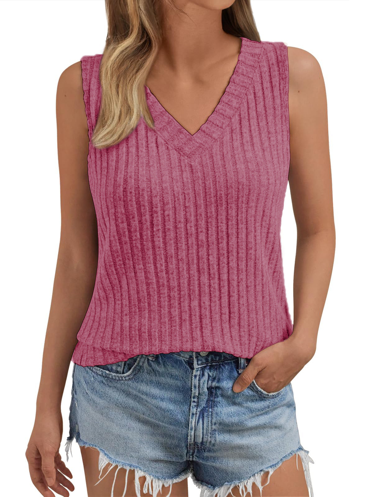 Women's Sleeveless Knitted Large Solid Color Rib Blouses