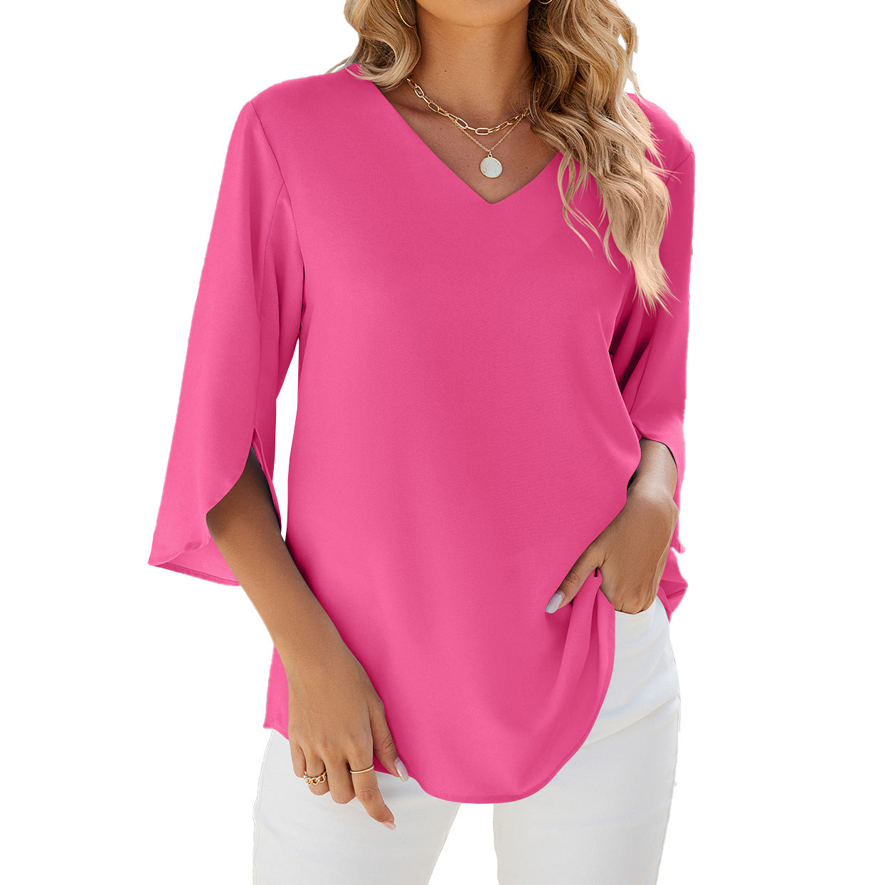Women's Solid Color Half Sleeves Loose Chiffon Blouses