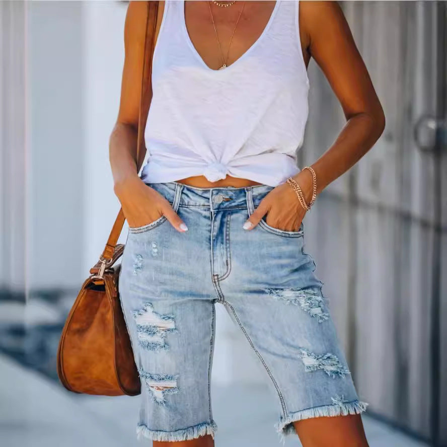 Women's Summer Water Washed Hole Cotton Denim Jeans