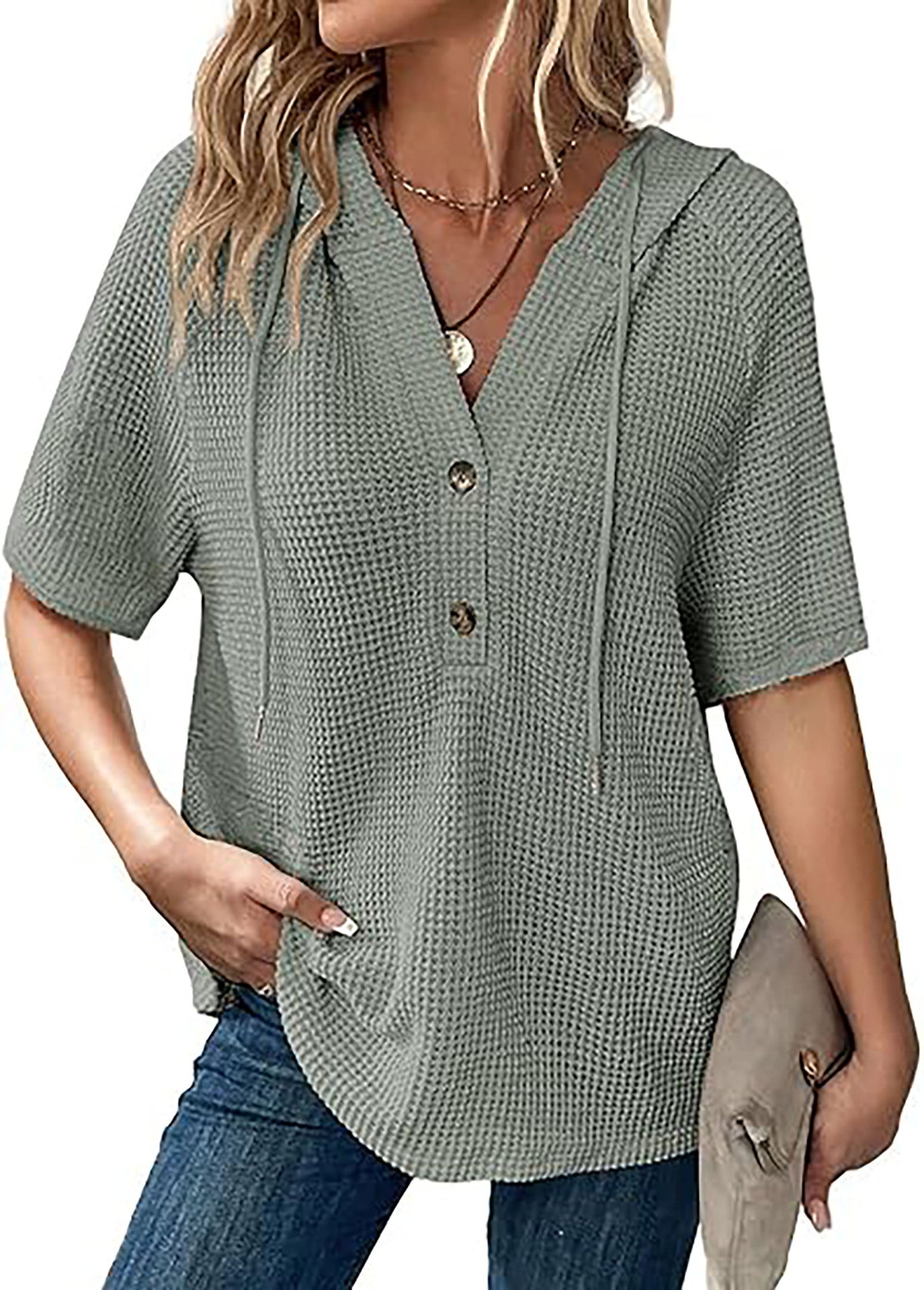 Women's Summer Waffle Knitted Short-sleeved Shirt Lightweight Drawstring Blouses