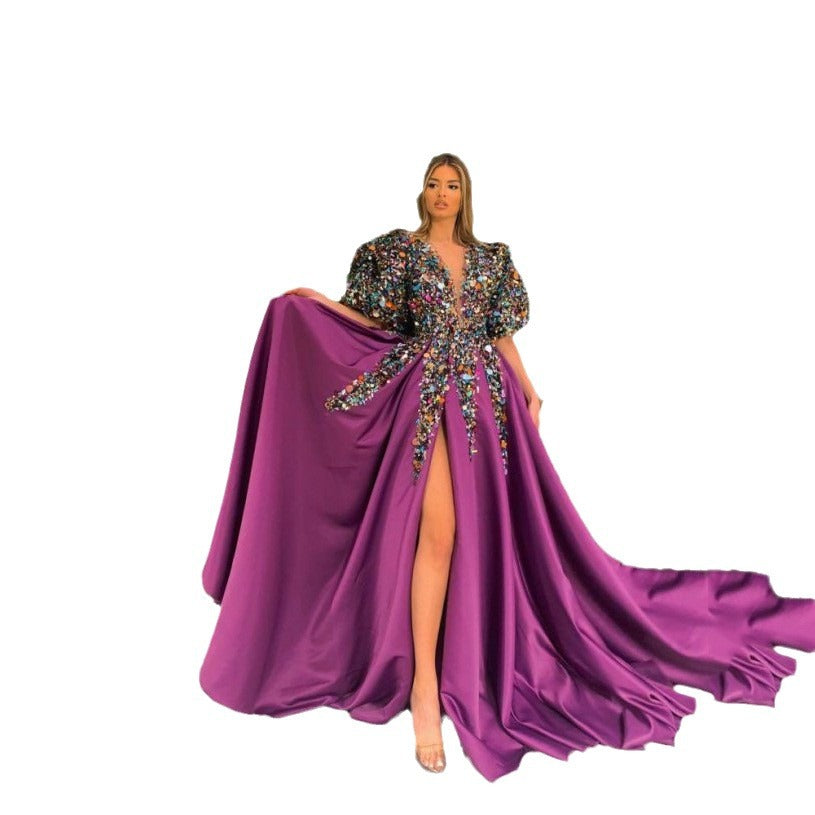 Women's Spring Floral Dress Sequined Large Slit Wedding Dresses