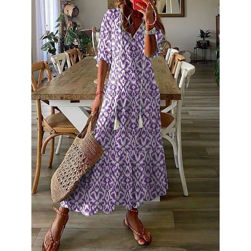 Casual Sweet Loose Printed Tassel Long Dresses