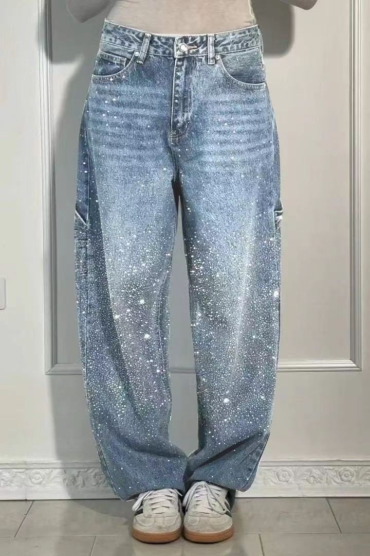 Women's American Street Style Rhinestone Straight Jeans