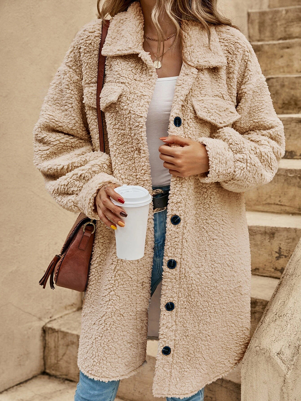 Women's Winter Buckle Lapel Plush Loose Temperament Coats