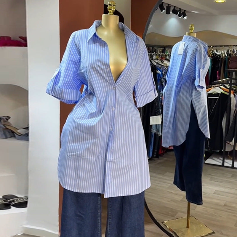 Women's Fashion Polo Collar Single-breasted Striped Short-sleeved Tops