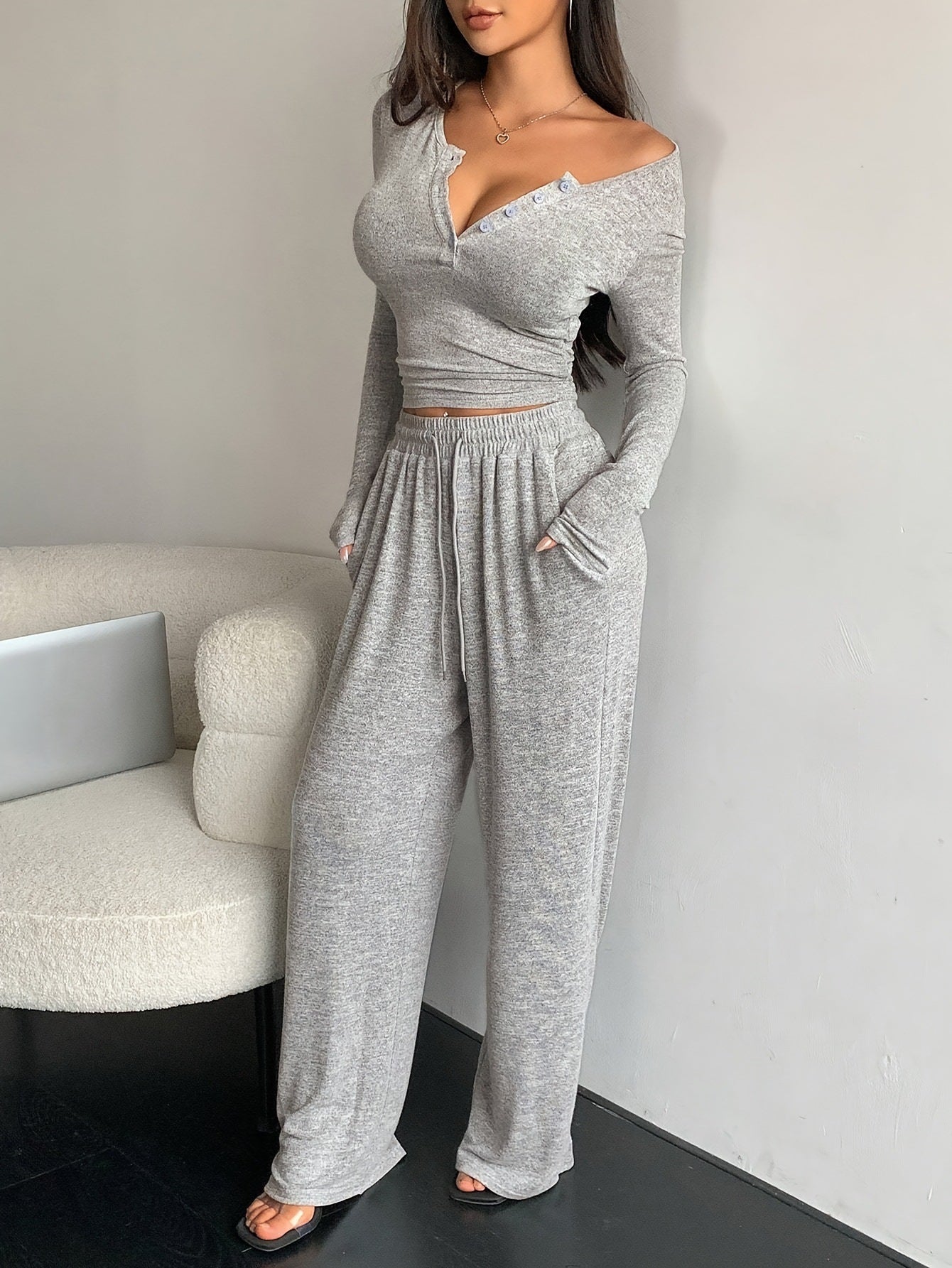 Women's Button Pure Color Tight Lengthened Trousers Suits