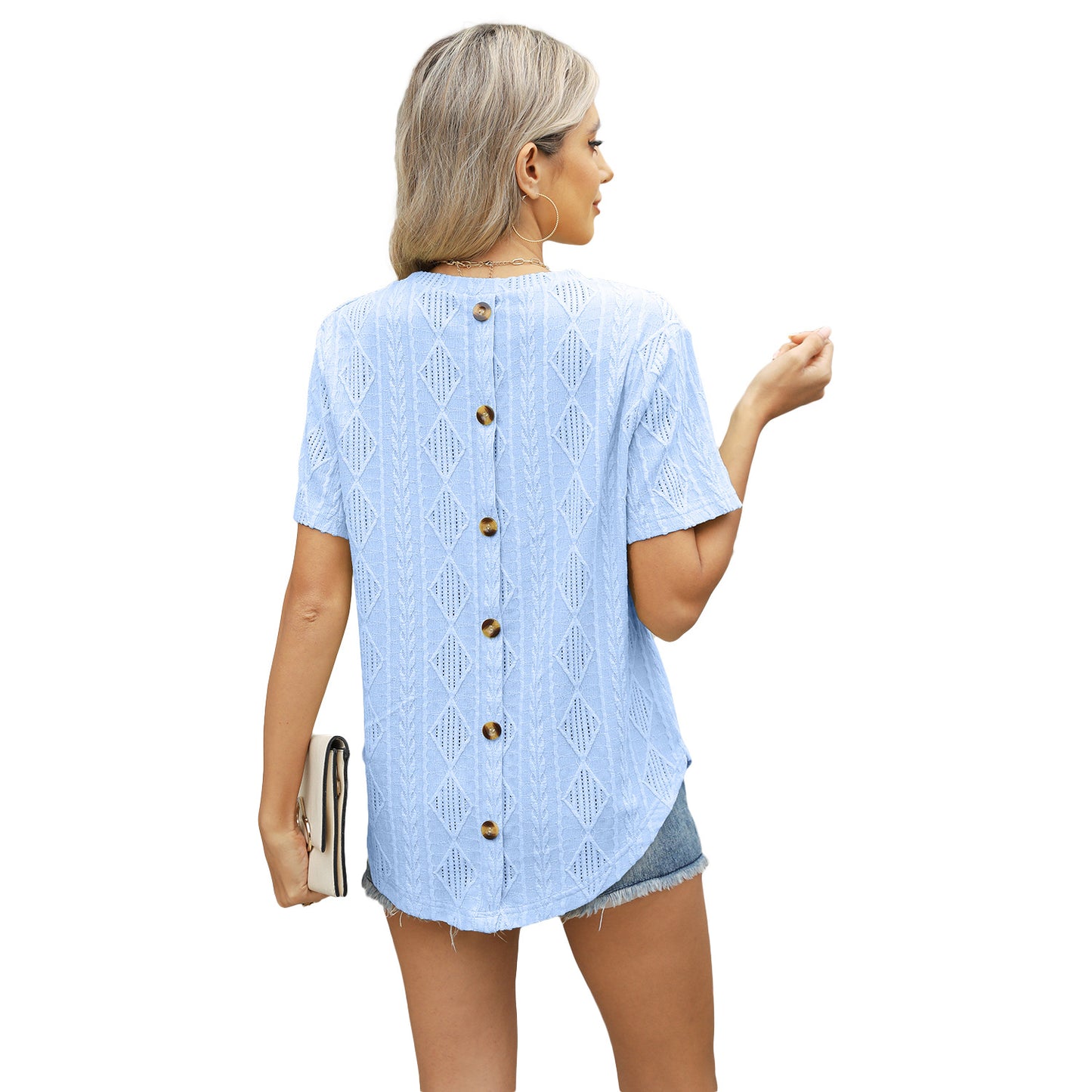 Round Neck Back Buttoned Jacquard Sleeve Shorts