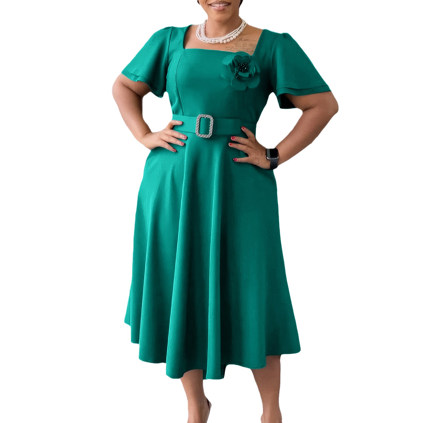 Women's Summer Female Fashion Square Collar Solid Color High Waist Dresses