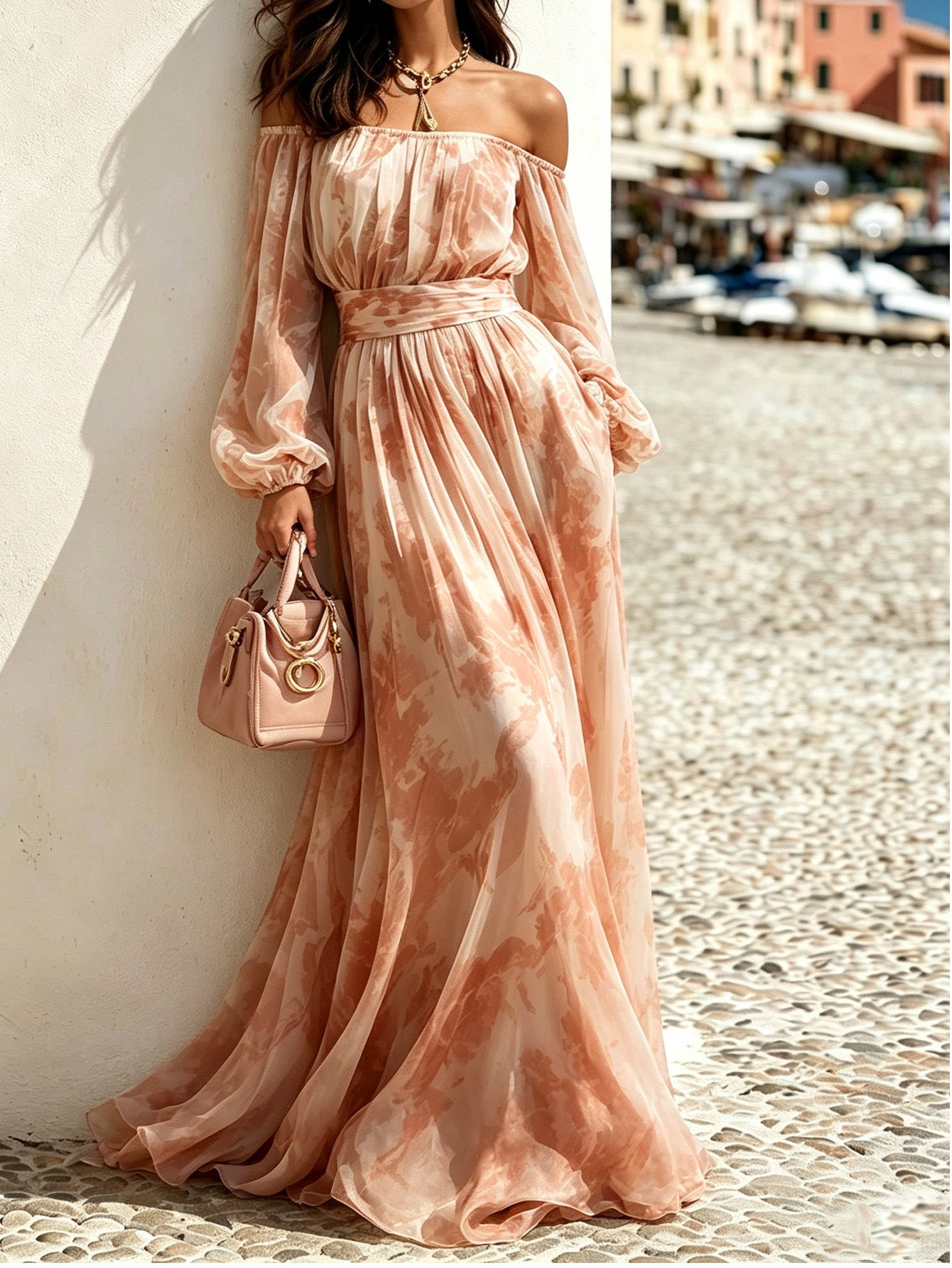 Women's French Style Printed Chiffon Long Sleeve Waist Dress