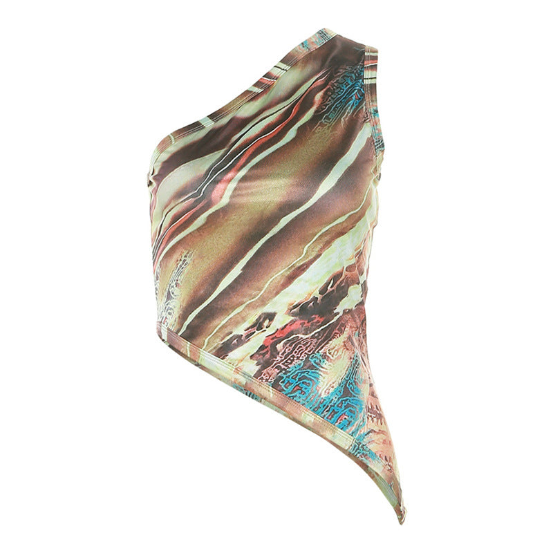 Women's Fashion Printed Shoulder Sleeve Bottom Slim Tops
