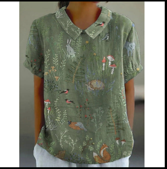 Women's Summer Loose Print Crew Neck Casual Blouses