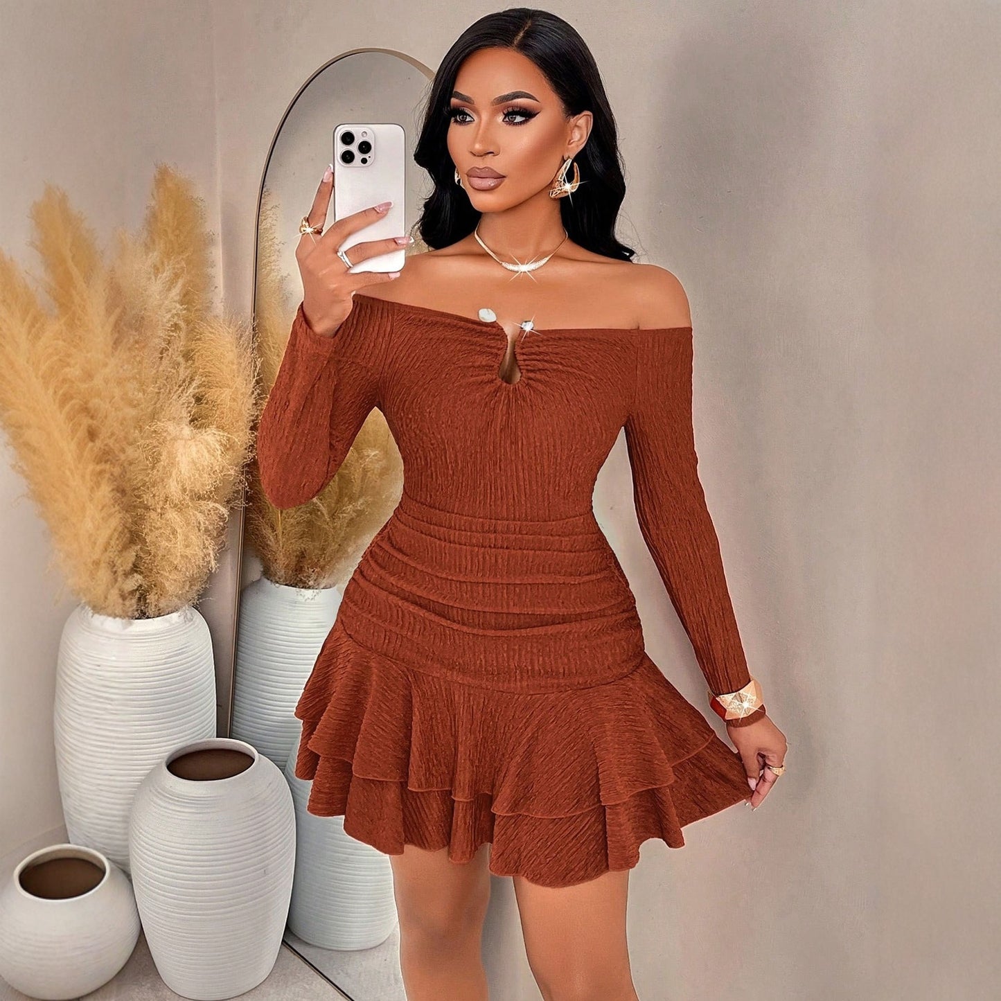Women's Ruffled Mini Party Date Sexy Wear Matching Clothing