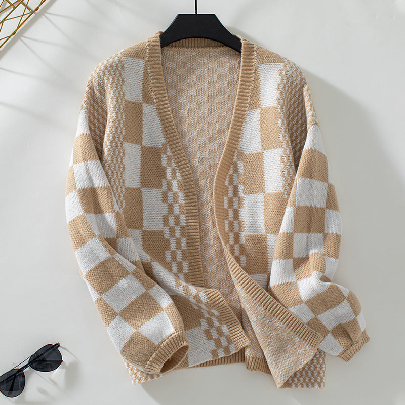Women's Contrast Color Check Casual Loose Lantern Sleeve Sweaters