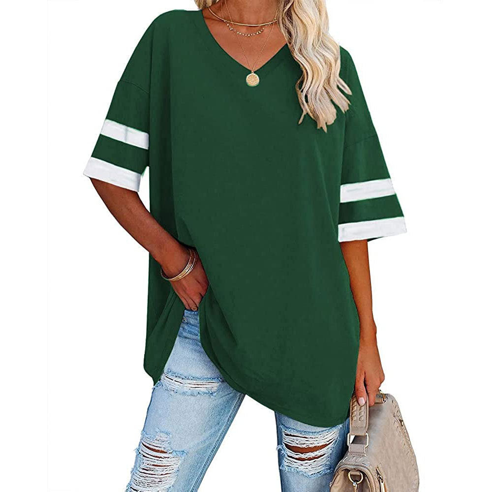 Women's Loose Half Sleeve Contrast Color T-shirt Tops