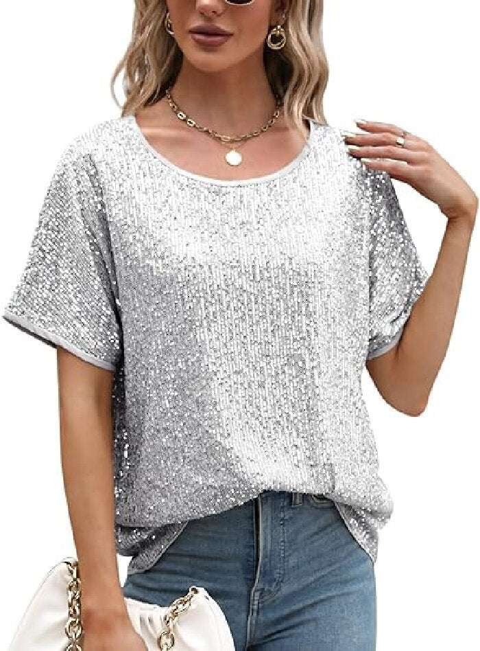 Loose Sequins Shoulder Sleeve Casual Sequin Tops