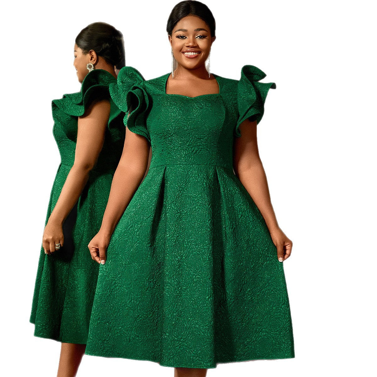 Elegant Jacquard Square Collar Dress Lotus Leaf Three-dimensional Dresses