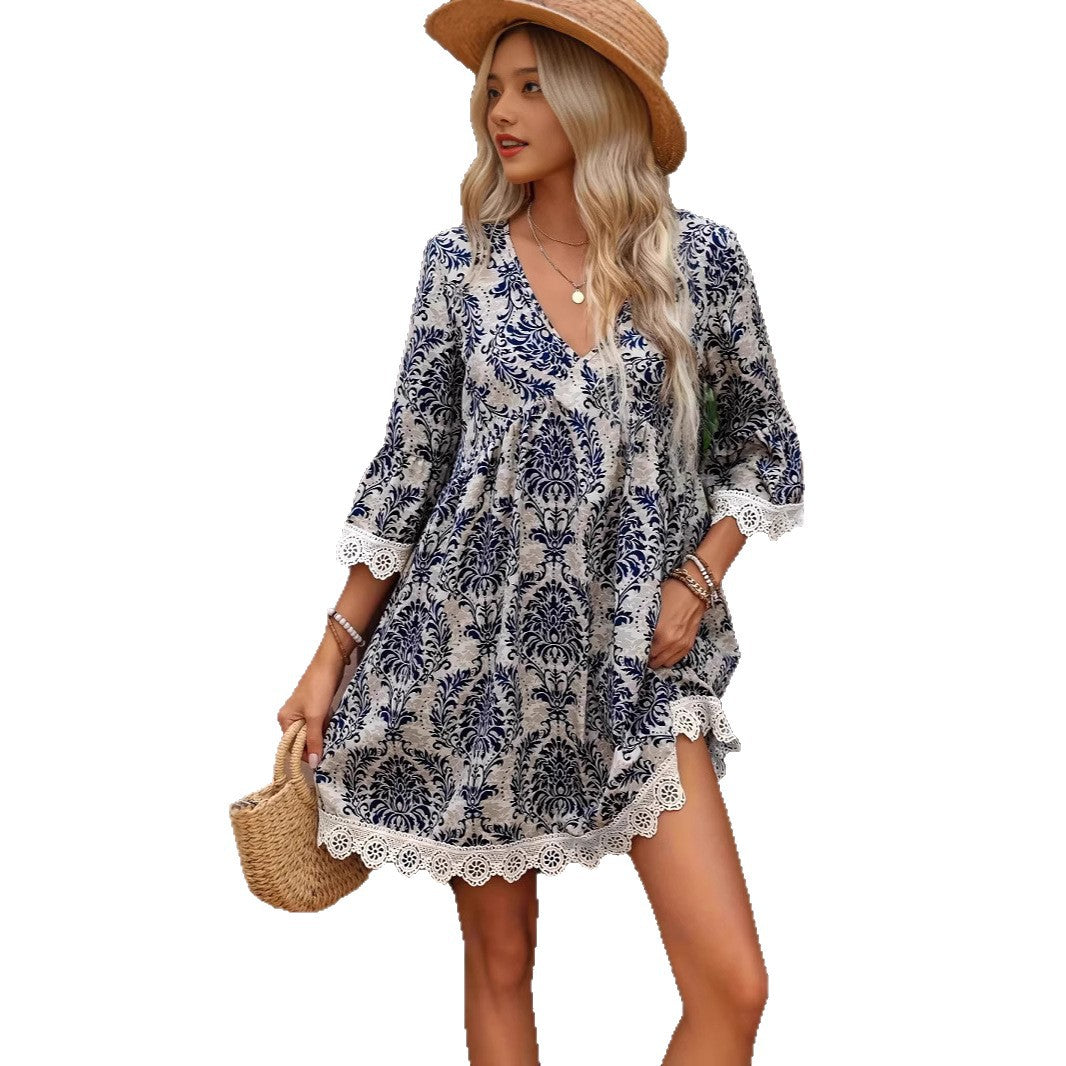 Women's Brocade Printed Low Collar Elegant Long Sleeve Layered Dress