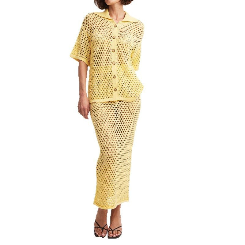 Women's Casual Fashion Fishnet Knitted Shirtdress Suits