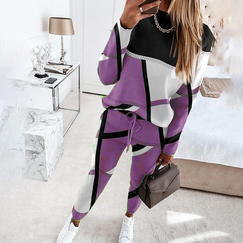 Women's Printing Color Contrast Long Sleeve Crew Suits