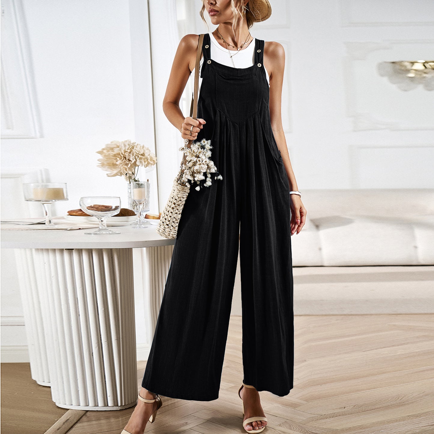 Women's Solid Color Suspender Summer Loose Wide Jumpsuits