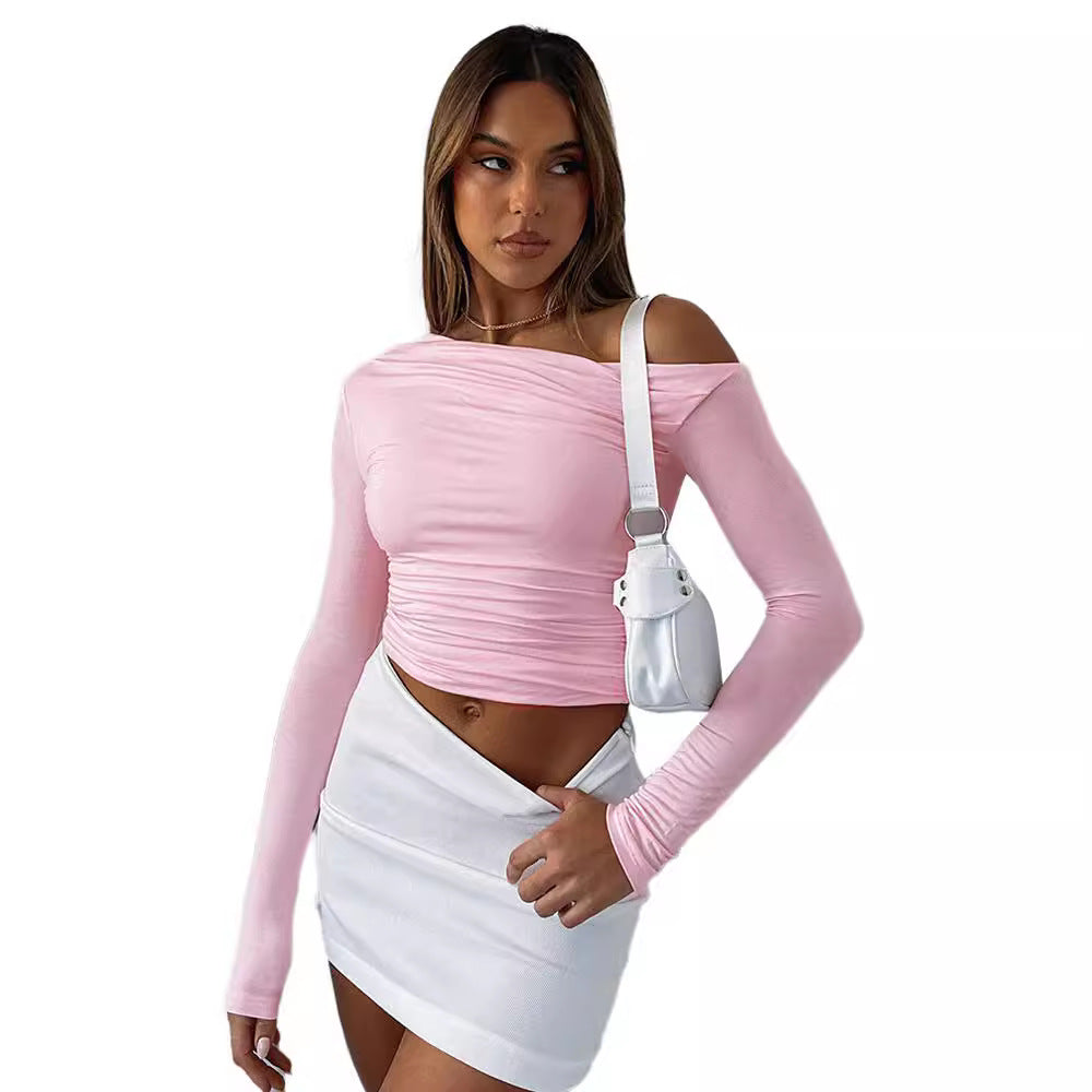 Women's Shoulder Asymmetric Solid Color Long Sleeve Tops