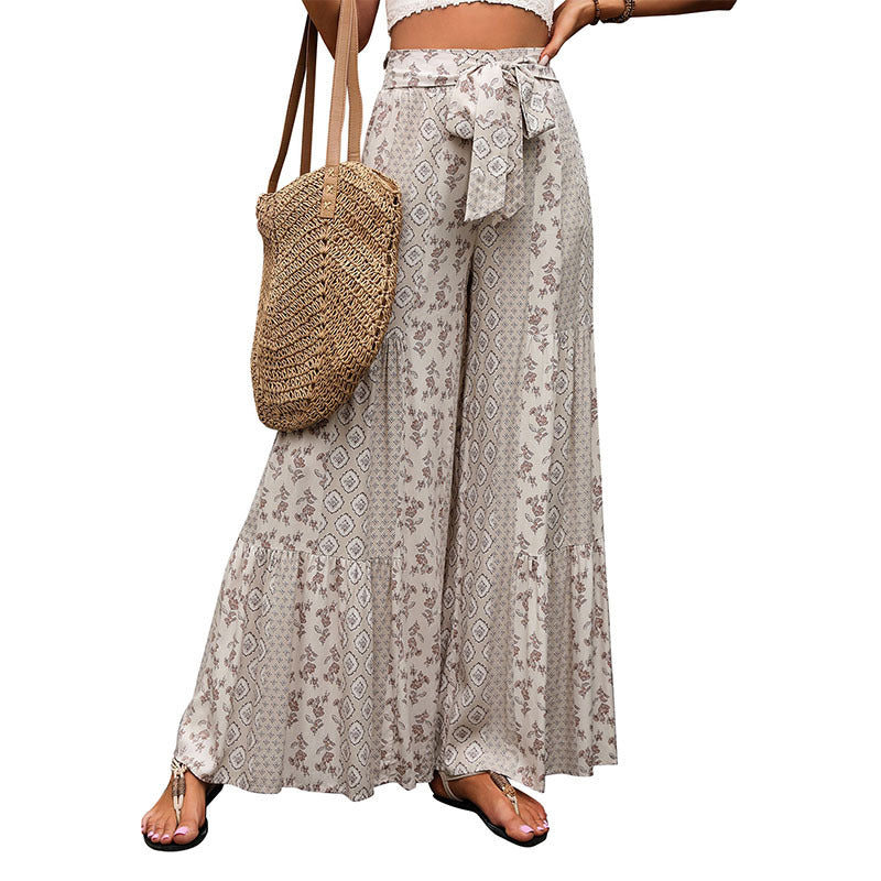 Summer High Waist Smocking Stitching National Style Pants