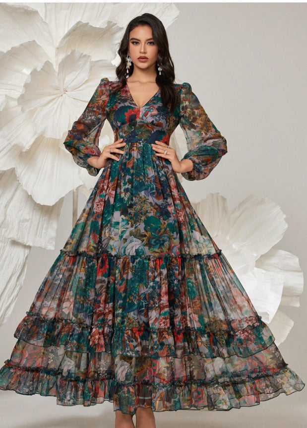 Style Retro Stand Collar Single-breasted Printed Wide Swing Dress