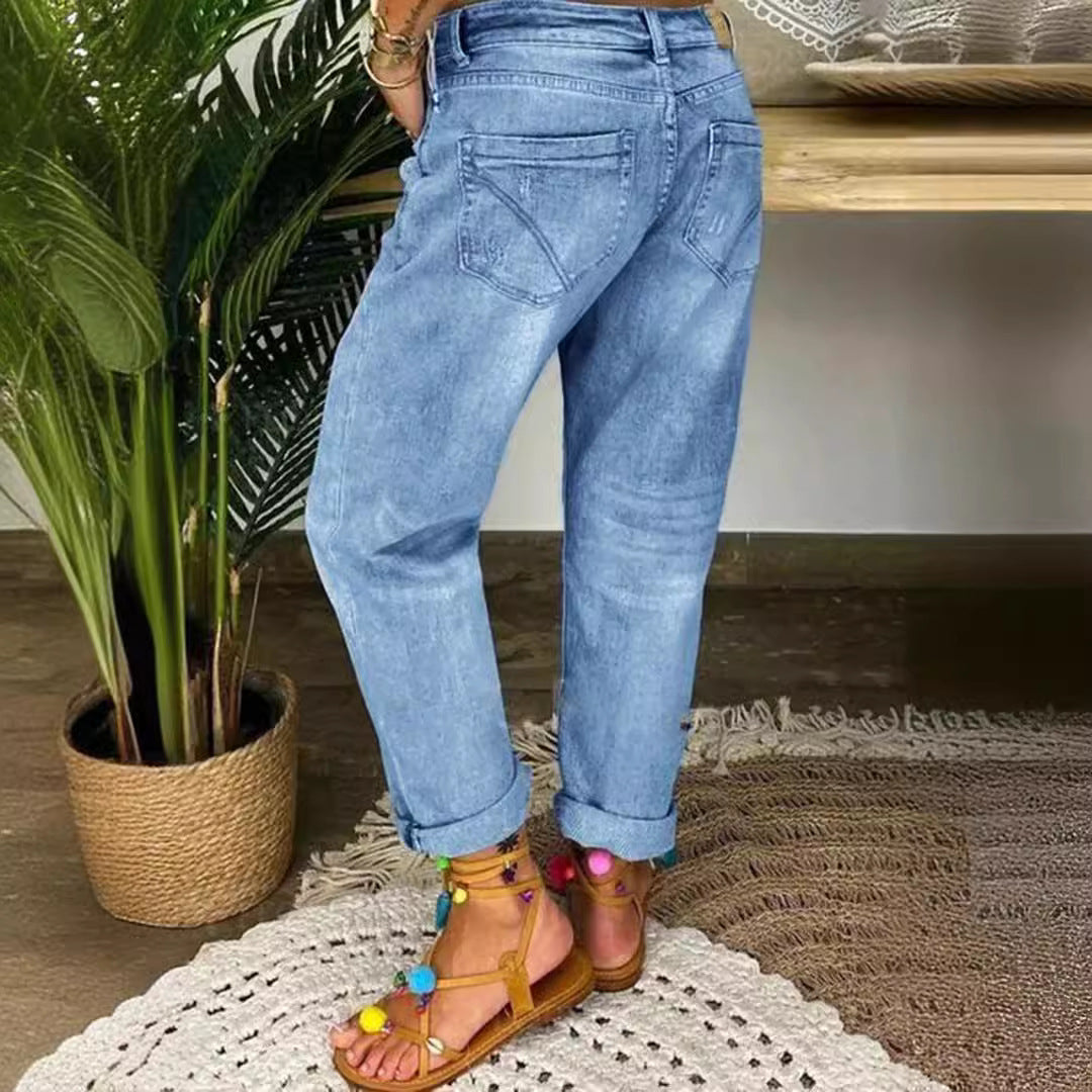 Women's Blue With Holes Loose Straight Casual Jeans