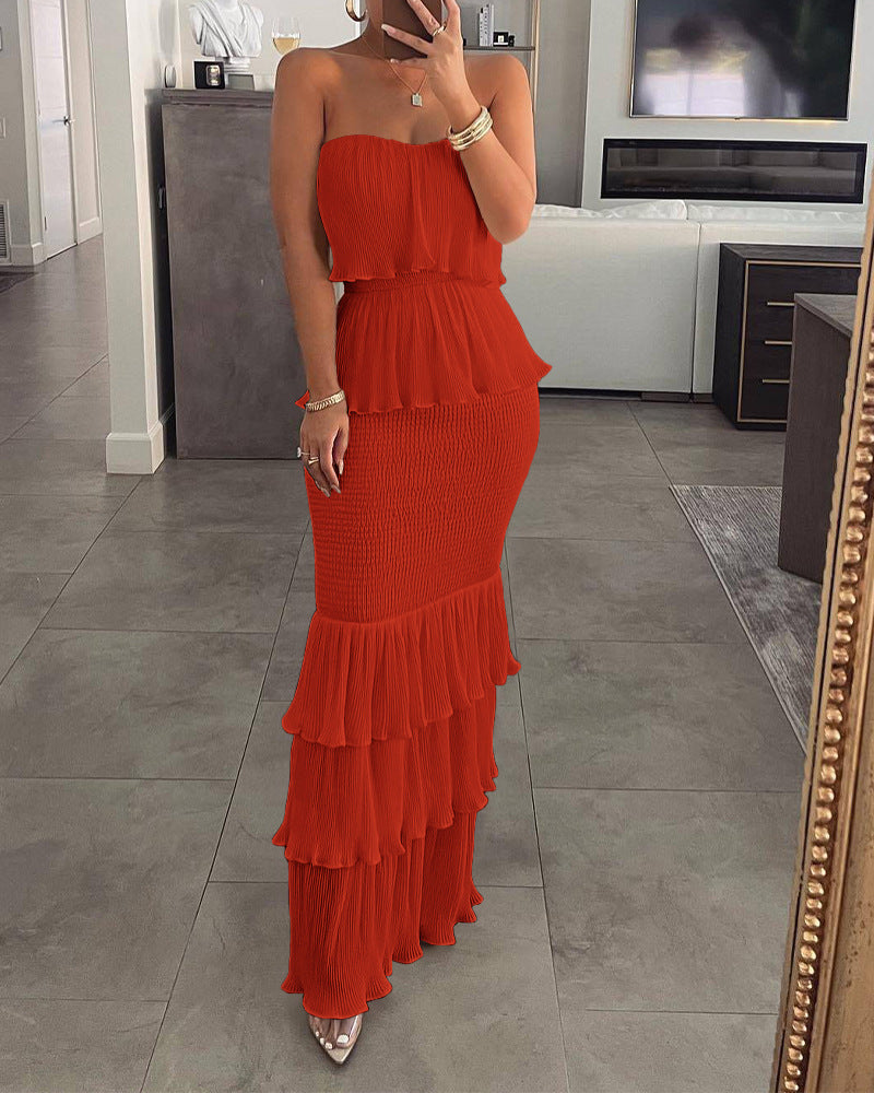 Women's Color Sleeveless Tube Smocking Pleated Ruffled Dresses
