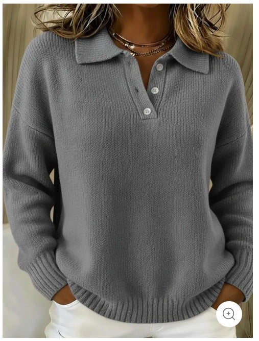 Women's Loose Lazy Style Soft Glutinous Polo For Long Sleeve Button Sweater