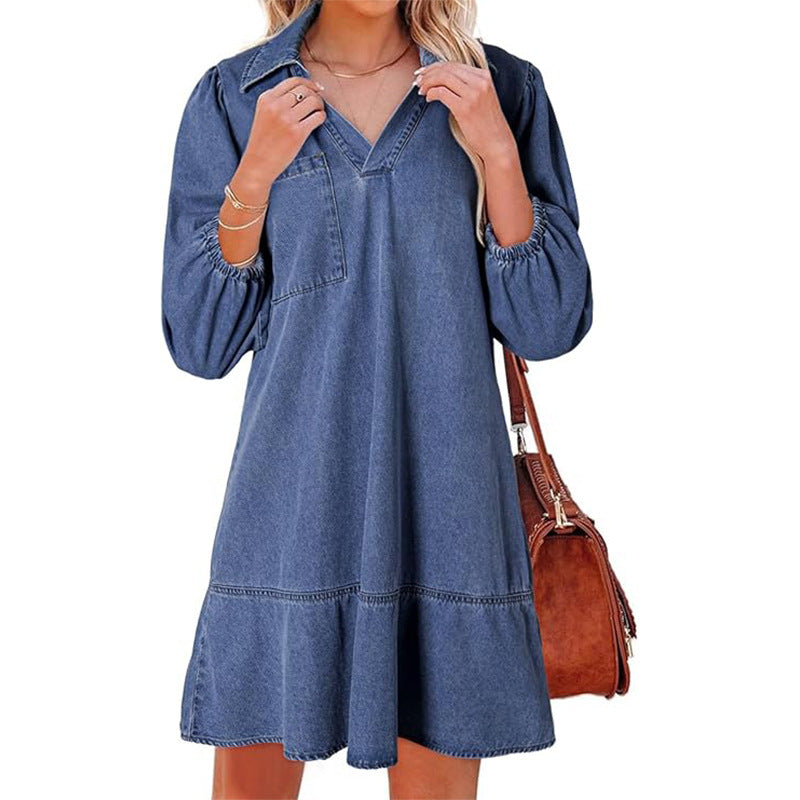 Women's Style Clothes Cropped Puff Sleeve Denim Dresses