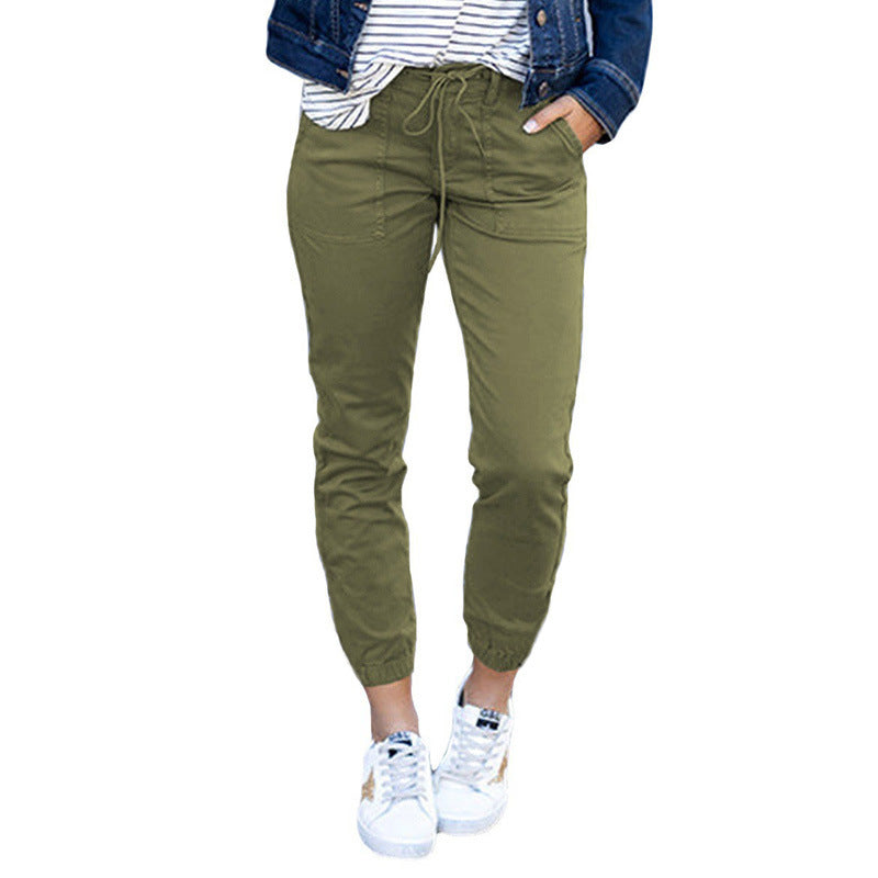 Women's Pocket Cropped Spring Pure Color Tied Pants