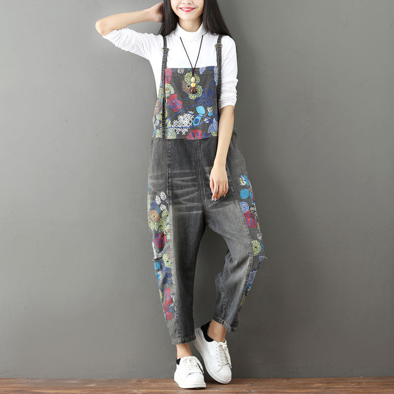 Women's Stitching Printed Suspenders Big Crotch Suspender Jeans