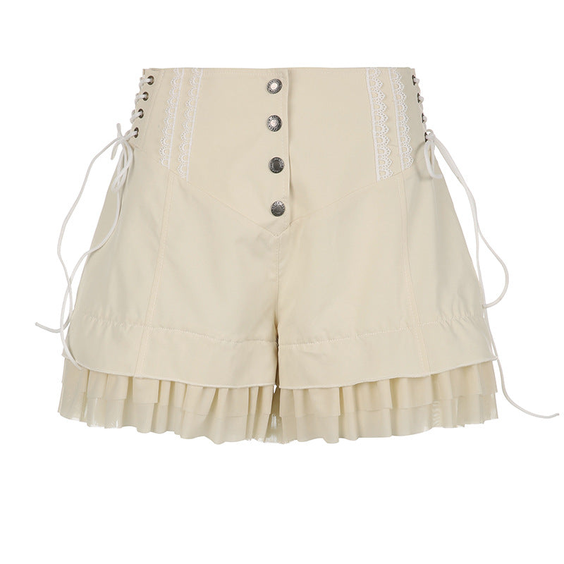Breasted Lace Up Casual Fashion Girlish Style Ruffled Patchwork Shorts