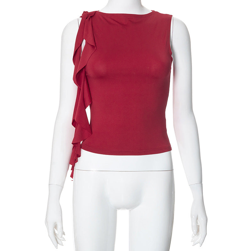 Women's Solid Color Sleeveless Ruffled Tassel T-shirt Vests