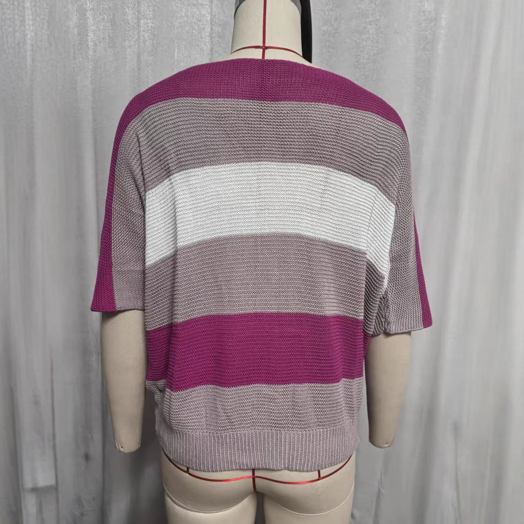 Knitted Striped Color Collision Design Drop Shoulder Tops