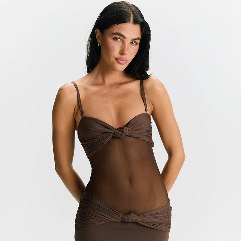 Women's Detachable Shoulder Strap Twist Mesh Slim Dresses
