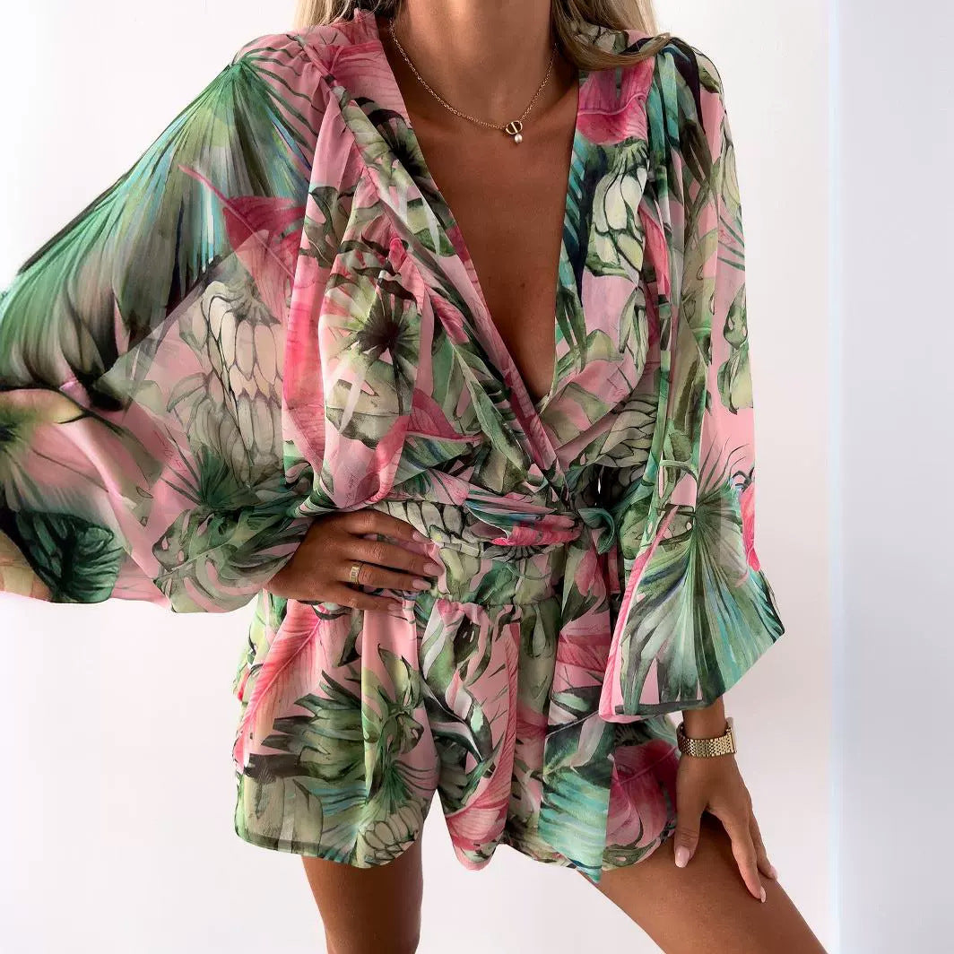 Casual Autumn Print Batwing Sleeve Long Jumpsuits