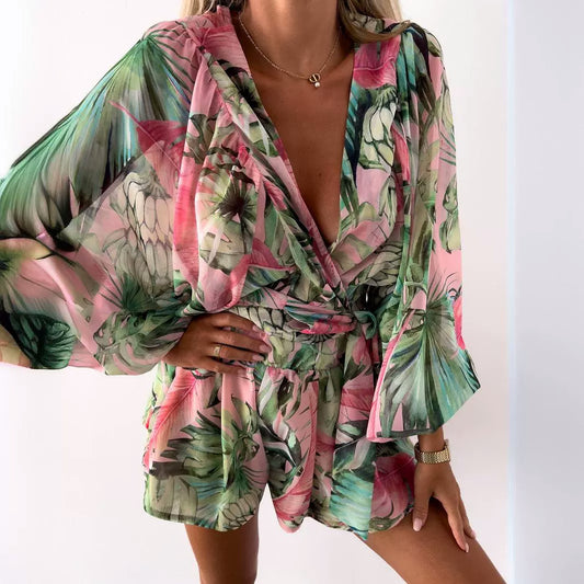 Casual Autumn Print Batwing Sleeve Long Jumpsuits