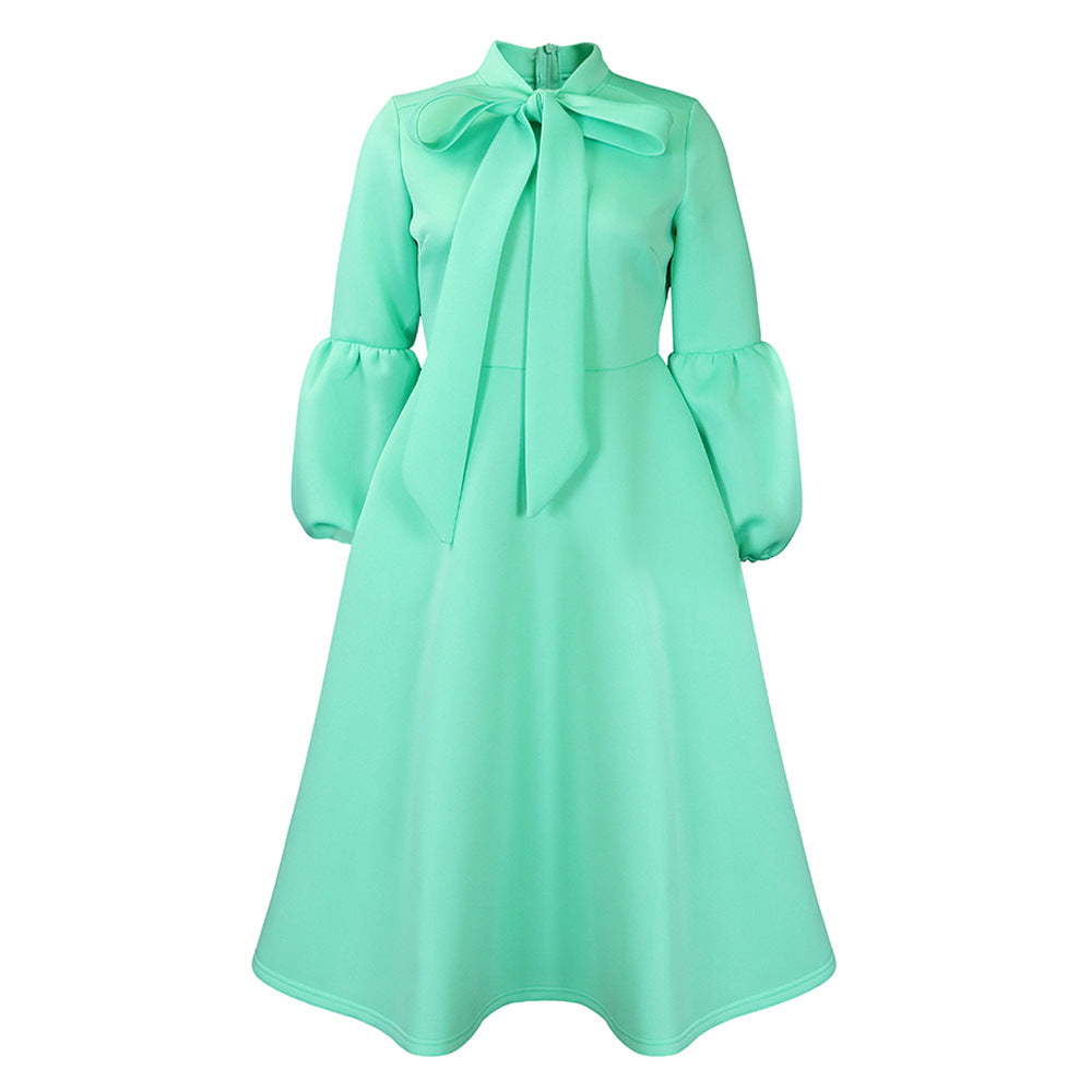 Fashion Lantern Sleeve High Waist Bow Dress