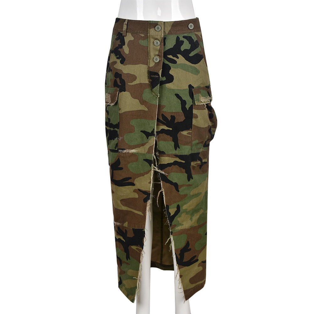 Women's Camouflage Elastic Waist Personalized Wash Pocket Skirts