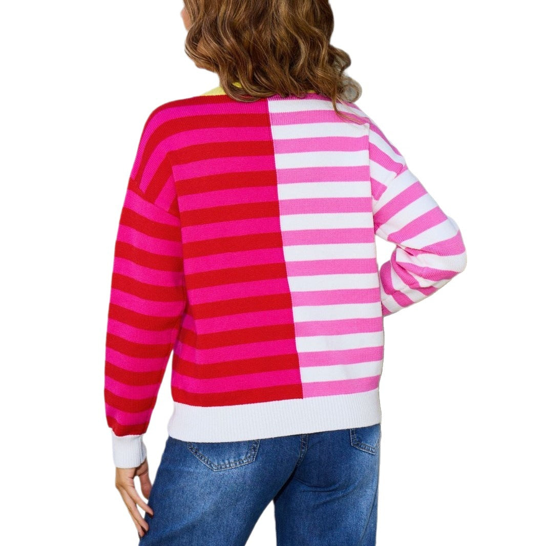 Women's Round Neck Mixed Color Stripe Contrast Pullover Long Sleeve Women's Sweater