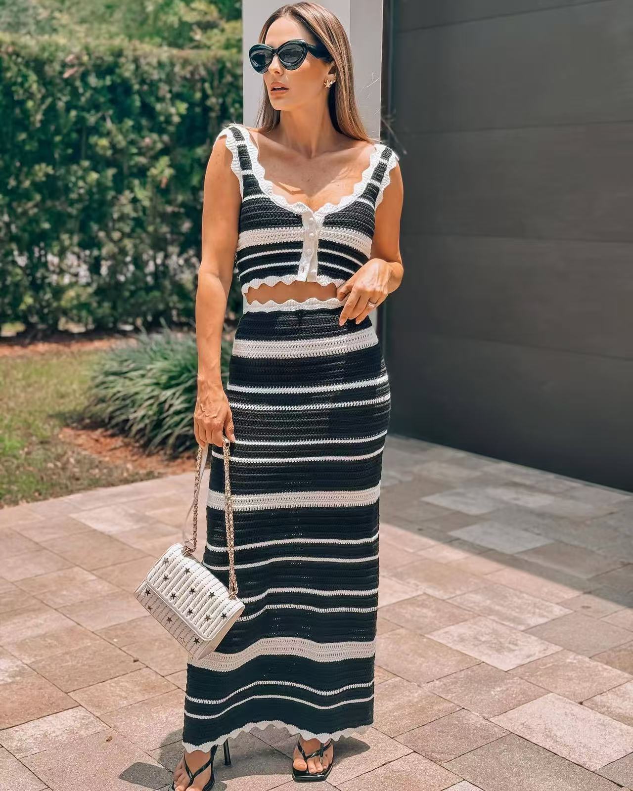 Women's Striped Knitted High Waist Contrast Two-piece Suits