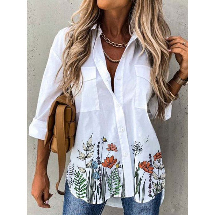Women's Fashion Digital Printing Long Sleeve Shirt Blouses