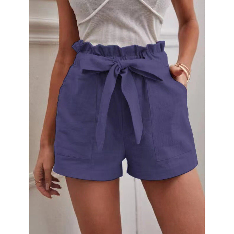Women's Linen Leisure Pocket Solid Color Waist Shorts