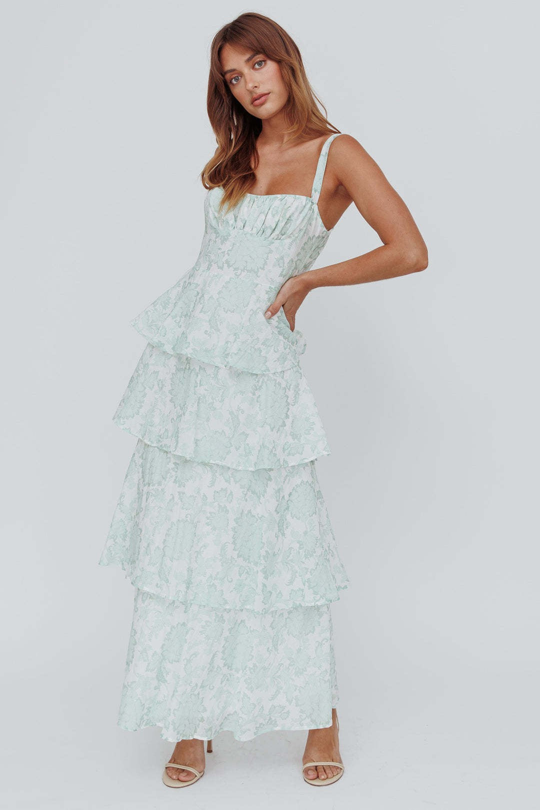 Women's Waist Trimming Spaghetti Straps Printed Long Dresses