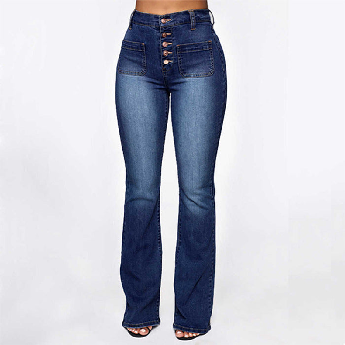 Women's Button Patch Pocket Washed Trousers Jeans