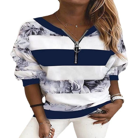 Women's Casual T-shirt Striped Digital Printing Zipper Blouses